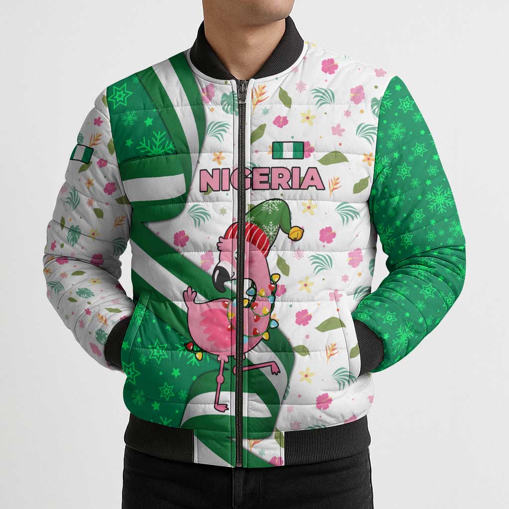 Nigeria Christmas Bomber Puffer Jacket with Pink Flamingo Tropical Leaves and Festive Lights Design - Wonder Print Shop