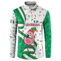 Nigeria Christmas Button Sweatshirt with Pink Flamingo Tropical Leaves and Festive Lights Design - Wonder Print Shop