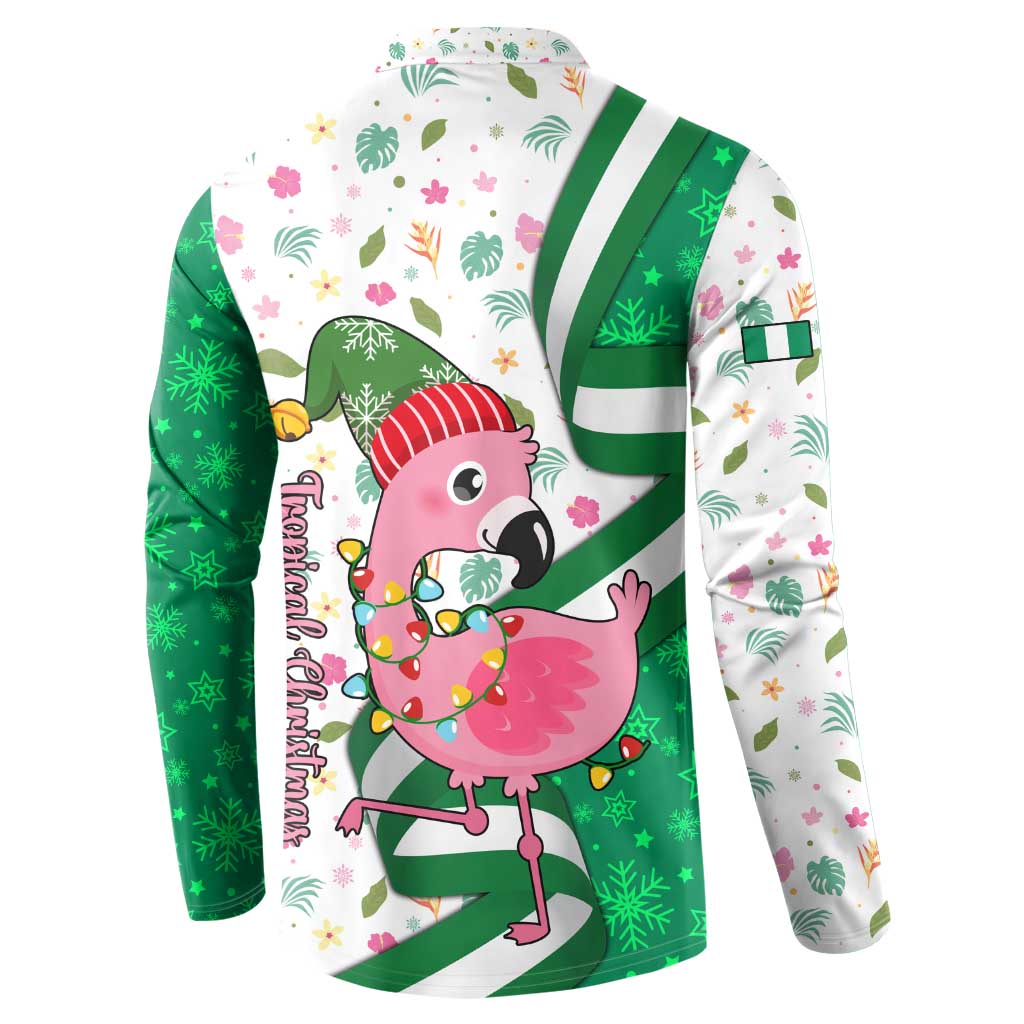 Nigeria Christmas Button Sweatshirt with Pink Flamingo Tropical Leaves and Festive Lights Design - Wonder Print Shop