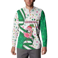 Nigeria Christmas Button Sweatshirt with Pink Flamingo Tropical Leaves and Festive Lights Design - Wonder Print Shop