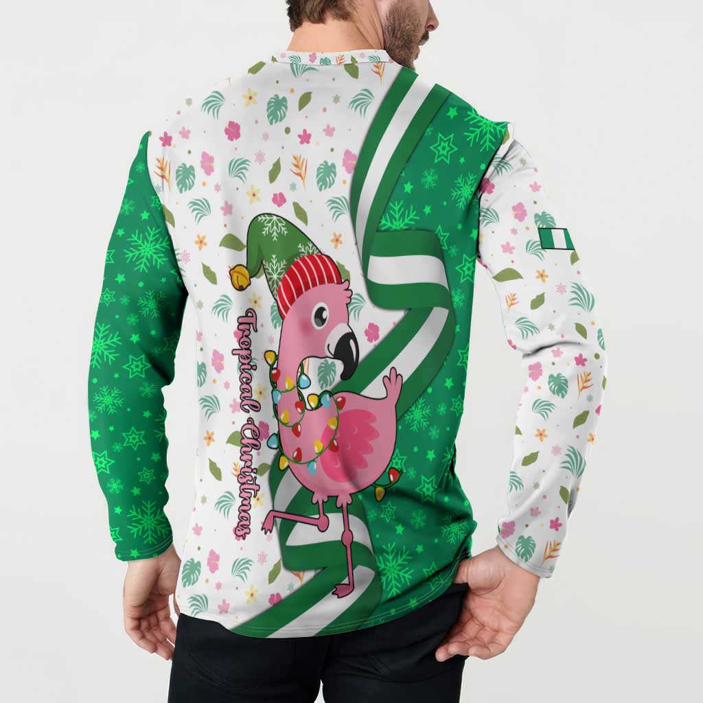Nigeria Christmas Button Sweatshirt with Pink Flamingo Tropical Leaves and Festive Lights Design - Wonder Print Shop