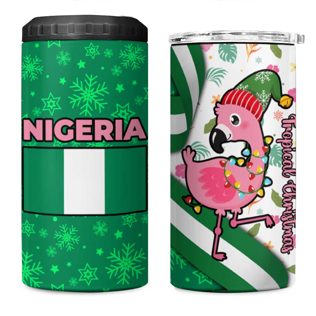 Nigeria Christmas 4 in 1 Can Cooler Tumbler with Pink Flamingo Tropical Leaves and Festive Lights Design - Wonder Print Shop