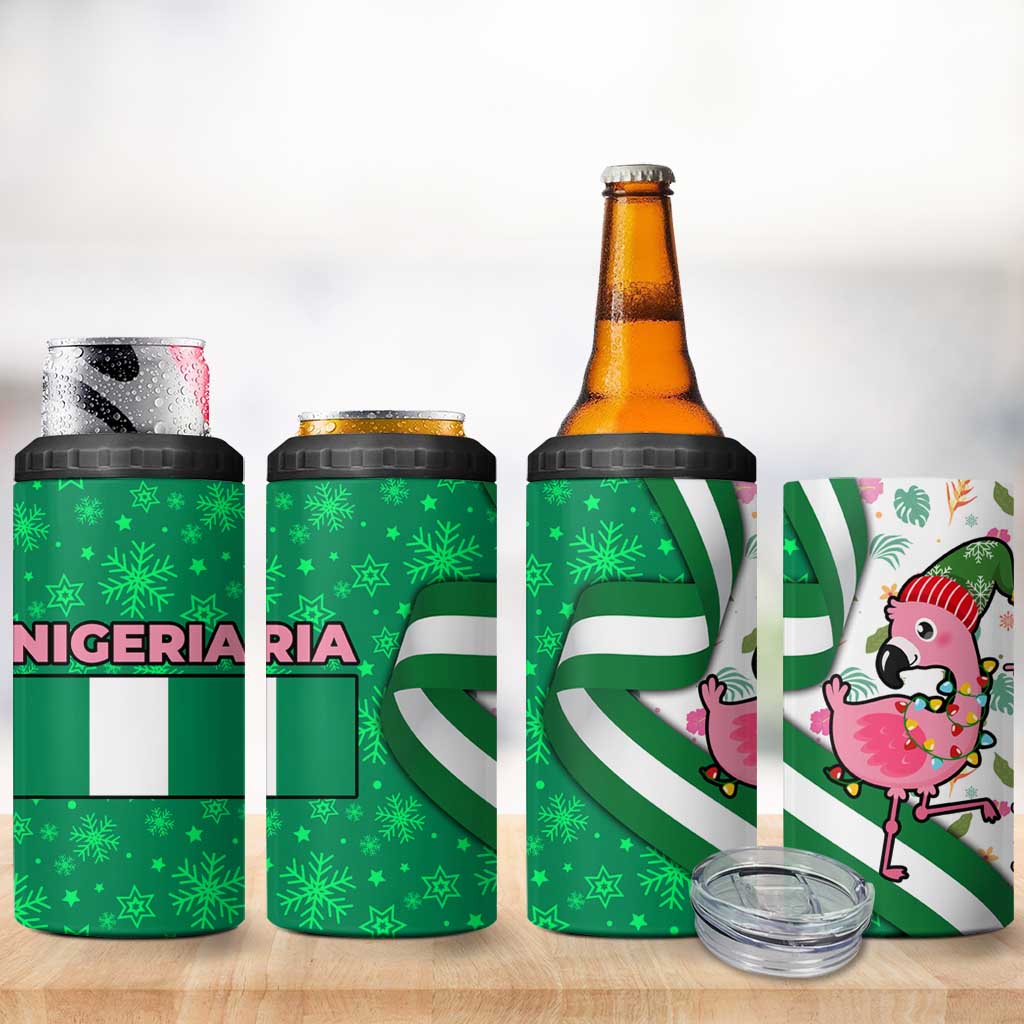 Nigeria Christmas 4 in 1 Can Cooler Tumbler with Pink Flamingo Tropical Leaves and Festive Lights Design - Wonder Print Shop