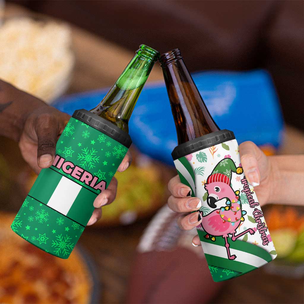 Nigeria Christmas 4 in 1 Can Cooler Tumbler with Pink Flamingo Tropical Leaves and Festive Lights Design - Wonder Print Shop