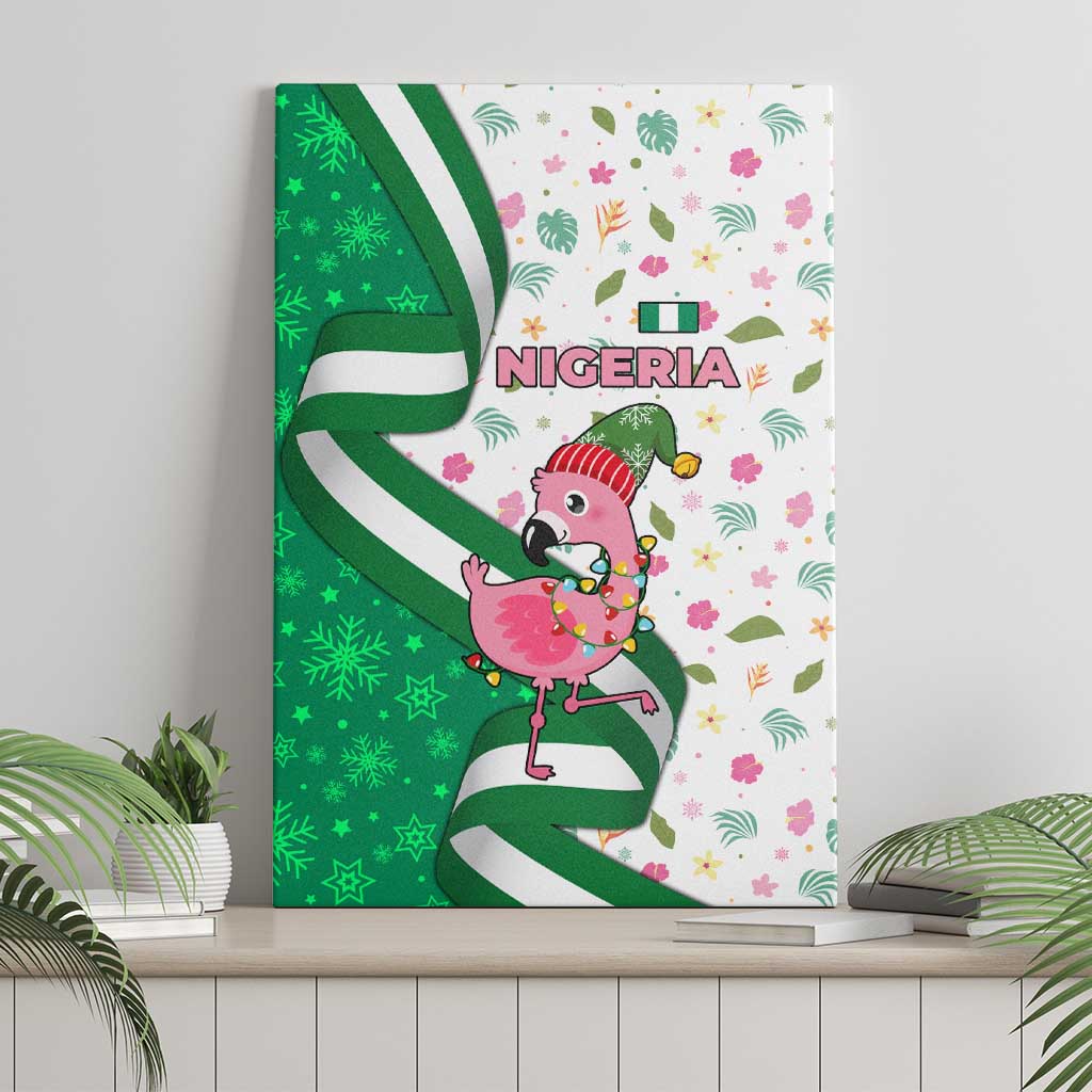 Nigeria Christmas Canvas Wall Art with Pink Flamingo Tropical Leaves and Festive Lights Design - Wonder Print Shop