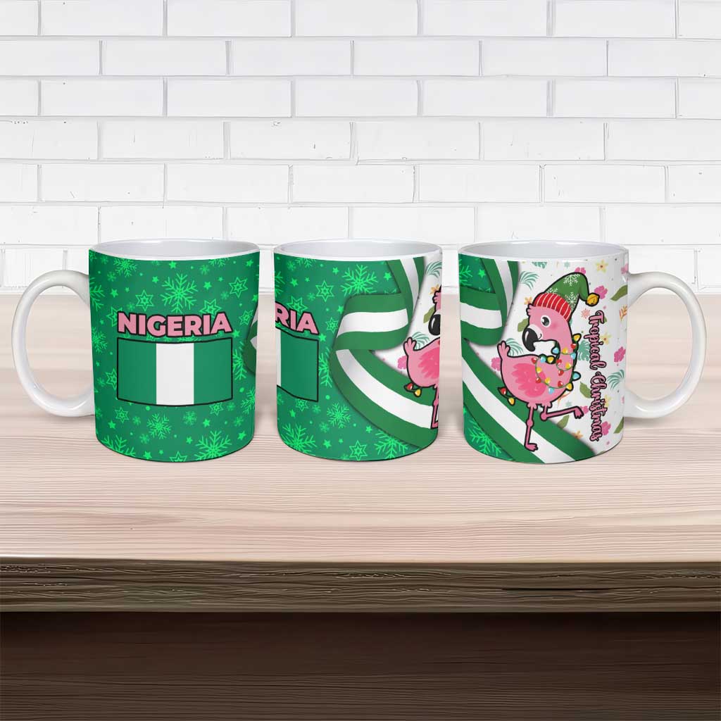 Nigeria Christmas Ceramic Mug with Pink Flamingo Tropical Leaves and Festive Lights Design - Wonder Print Shop