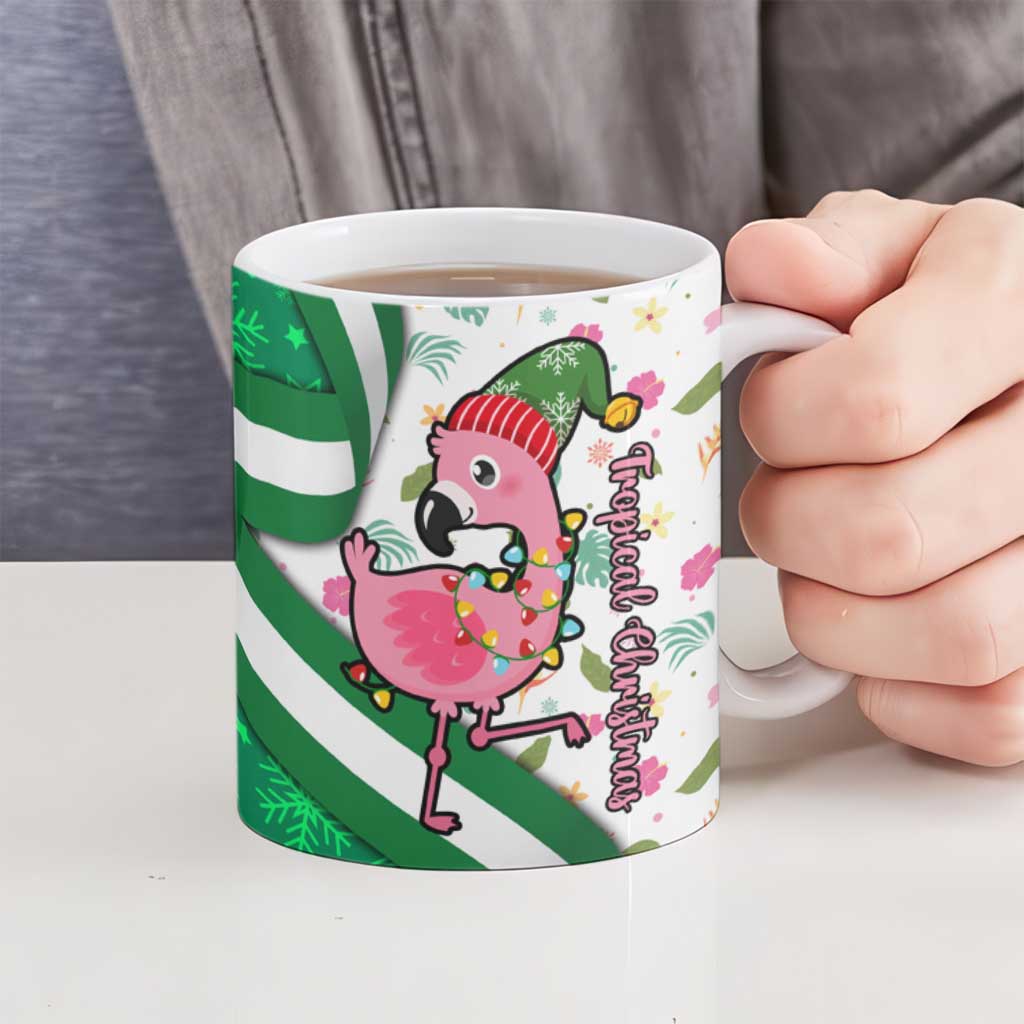 Nigeria Christmas Ceramic Mug with Pink Flamingo Tropical Leaves and Festive Lights Design - Wonder Print Shop