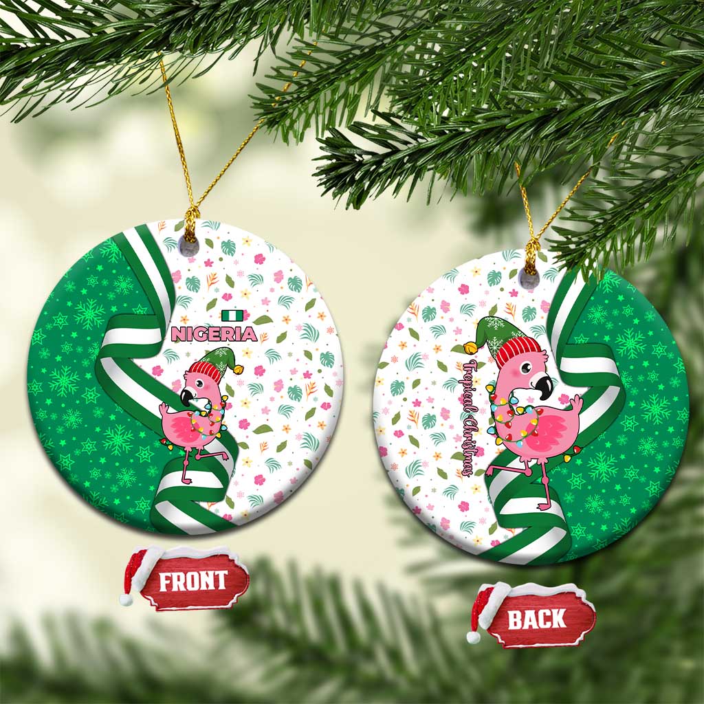 Nigeria Christmas Ceramic Ornament with Pink Flamingo Tropical Leaves and Festive Lights Design - Wonder Print Shop