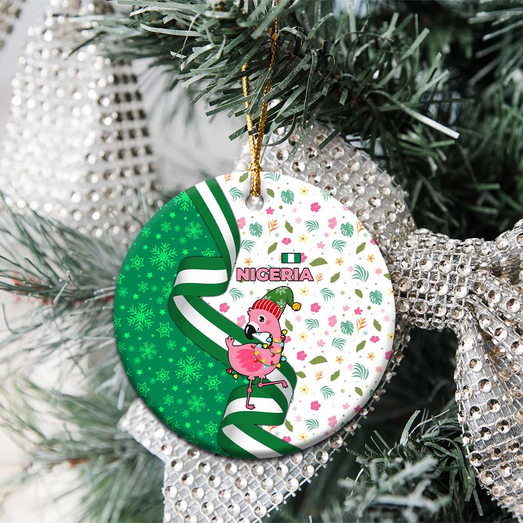 Nigeria Christmas Ceramic Ornament with Pink Flamingo Tropical Leaves and Festive Lights Design - Wonder Print Shop