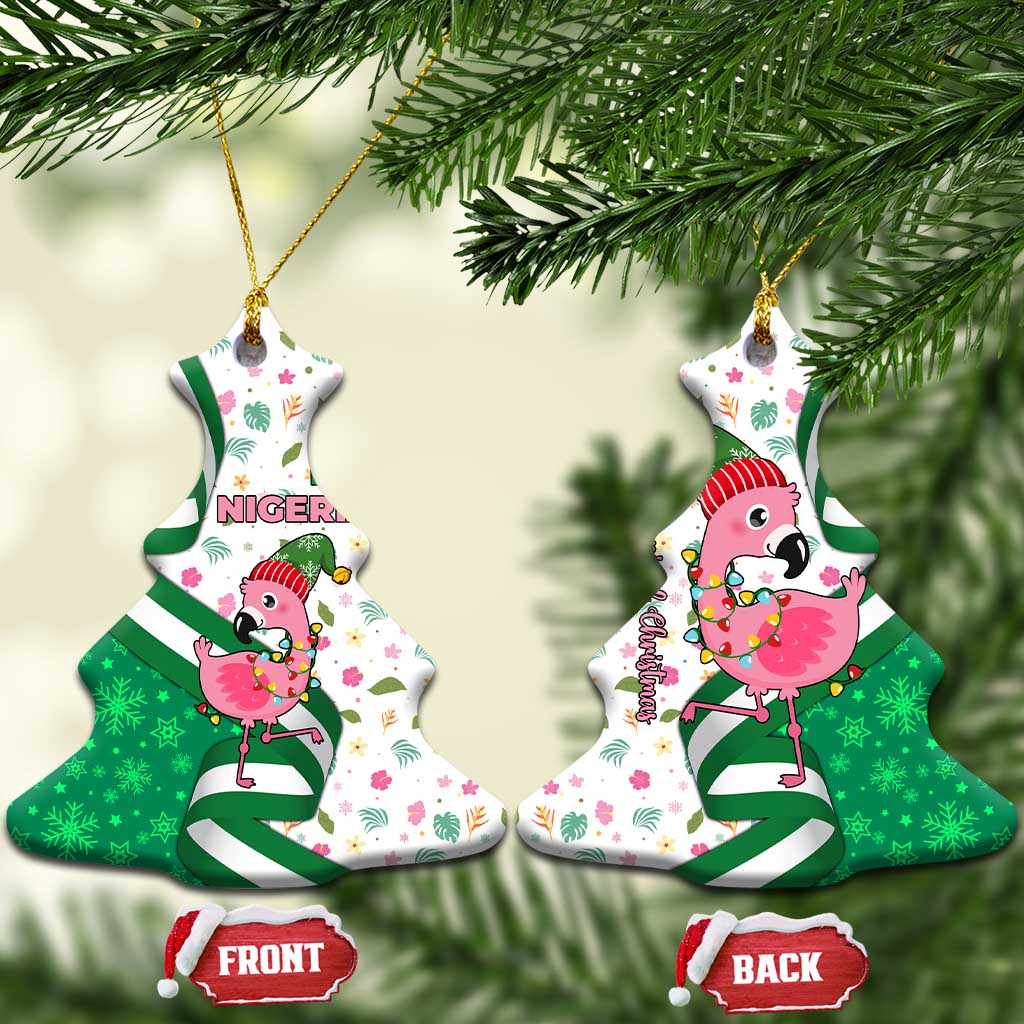 Nigeria Christmas Ceramic Ornament with Pink Flamingo Tropical Leaves and Festive Lights Design - Wonder Print Shop