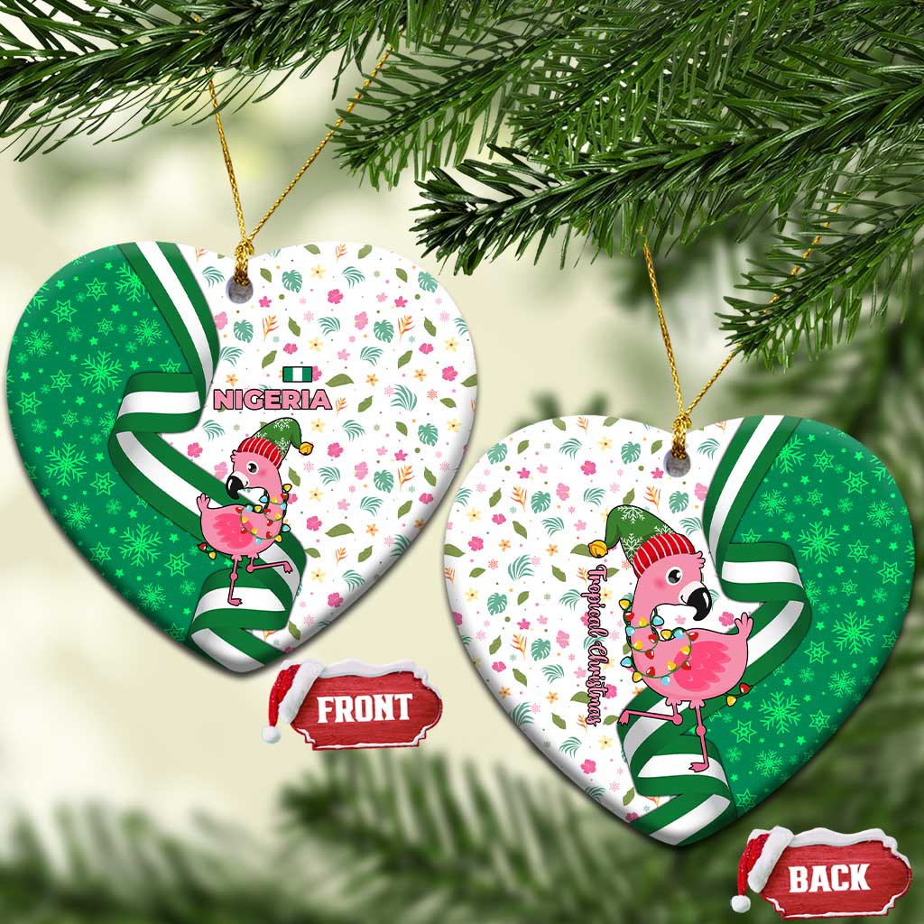 Nigeria Christmas Ceramic Ornament with Pink Flamingo Tropical Leaves and Festive Lights Design - Wonder Print Shop