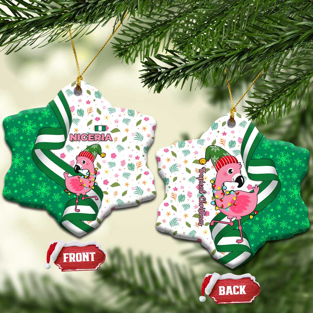 Nigeria Christmas Ceramic Ornament with Pink Flamingo Tropical Leaves and Festive Lights Design - Wonder Print Shop