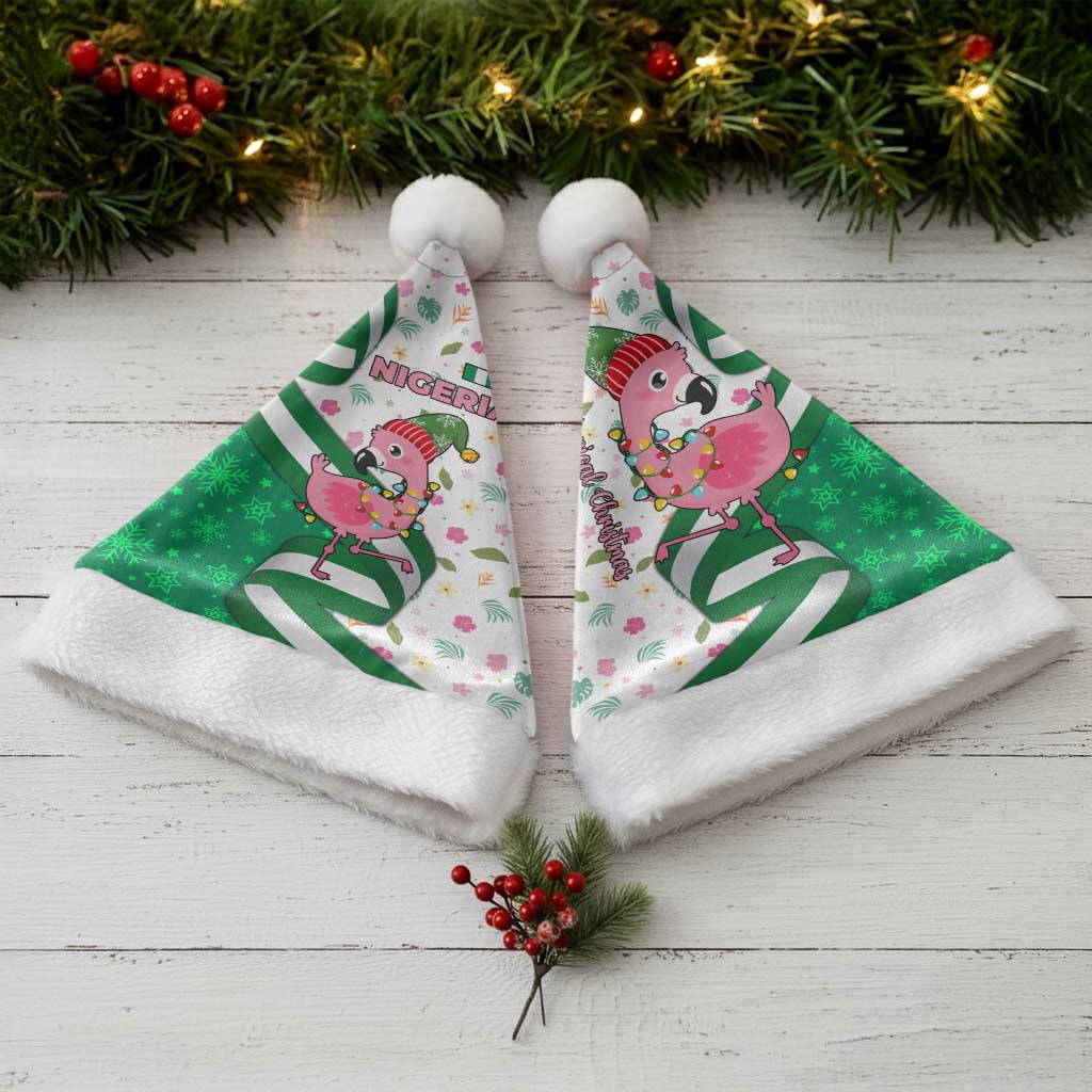 Nigeria Christmas Santa Hat with Pink Flamingo Tropical Leaves and Festive Lights Design - Wonder Print Shop