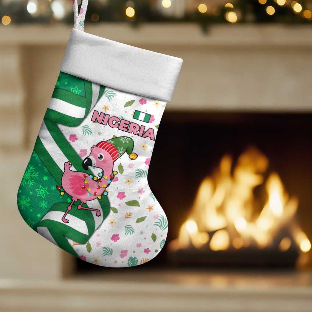 Nigeria Christmas Stocking with Pink Flamingo Tropical Leaves and Festive Lights Design - Wonder Print Shop