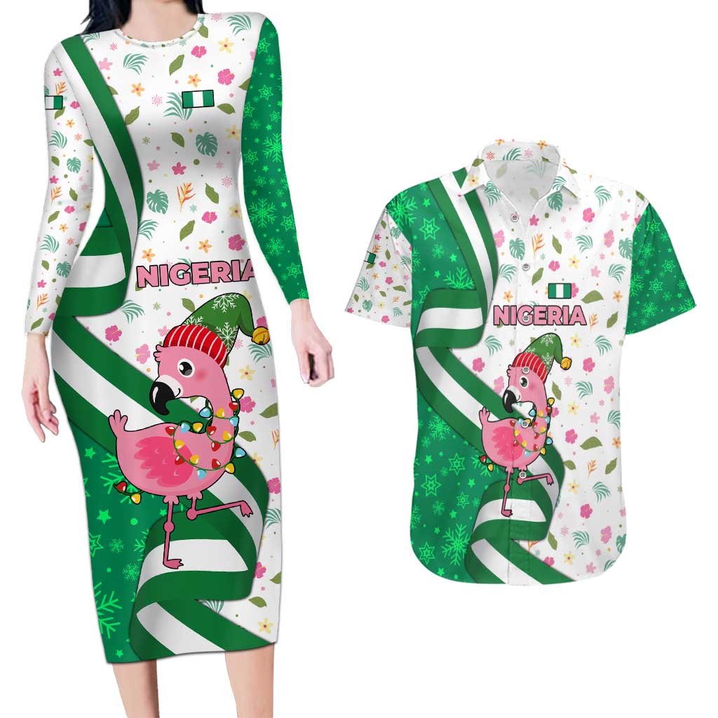 Nigeria Christmas Couples Matching Long Sleeve Bodycon Dress and Hawaiian Shirt with Pink Flamingo Tropical Leaves and Festive Lights Design - Wonder Print Shop