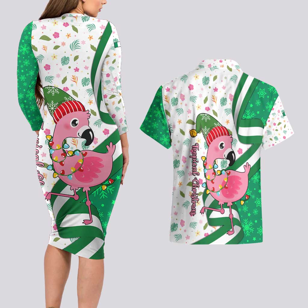 Nigeria Christmas Couples Matching Long Sleeve Bodycon Dress and Hawaiian Shirt with Pink Flamingo Tropical Leaves and Festive Lights Design - Wonder Print Shop