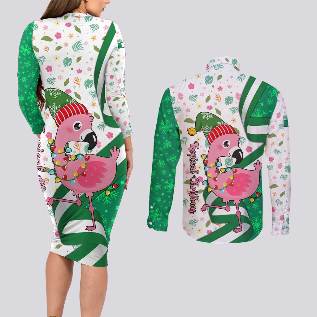 Nigeria Christmas Couples Matching Long Sleeve Bodycon Dress and Long Sleeve Button Shirt with Pink Flamingo Tropical Leaves and Festive Lights Design - Wonder Print Shop