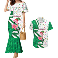 Nigeria Christmas Couples Matching Mermaid Dress and Hawaiian Shirt with Pink Flamingo Tropical Leaves and Festive Lights Design - Wonder Print Shop