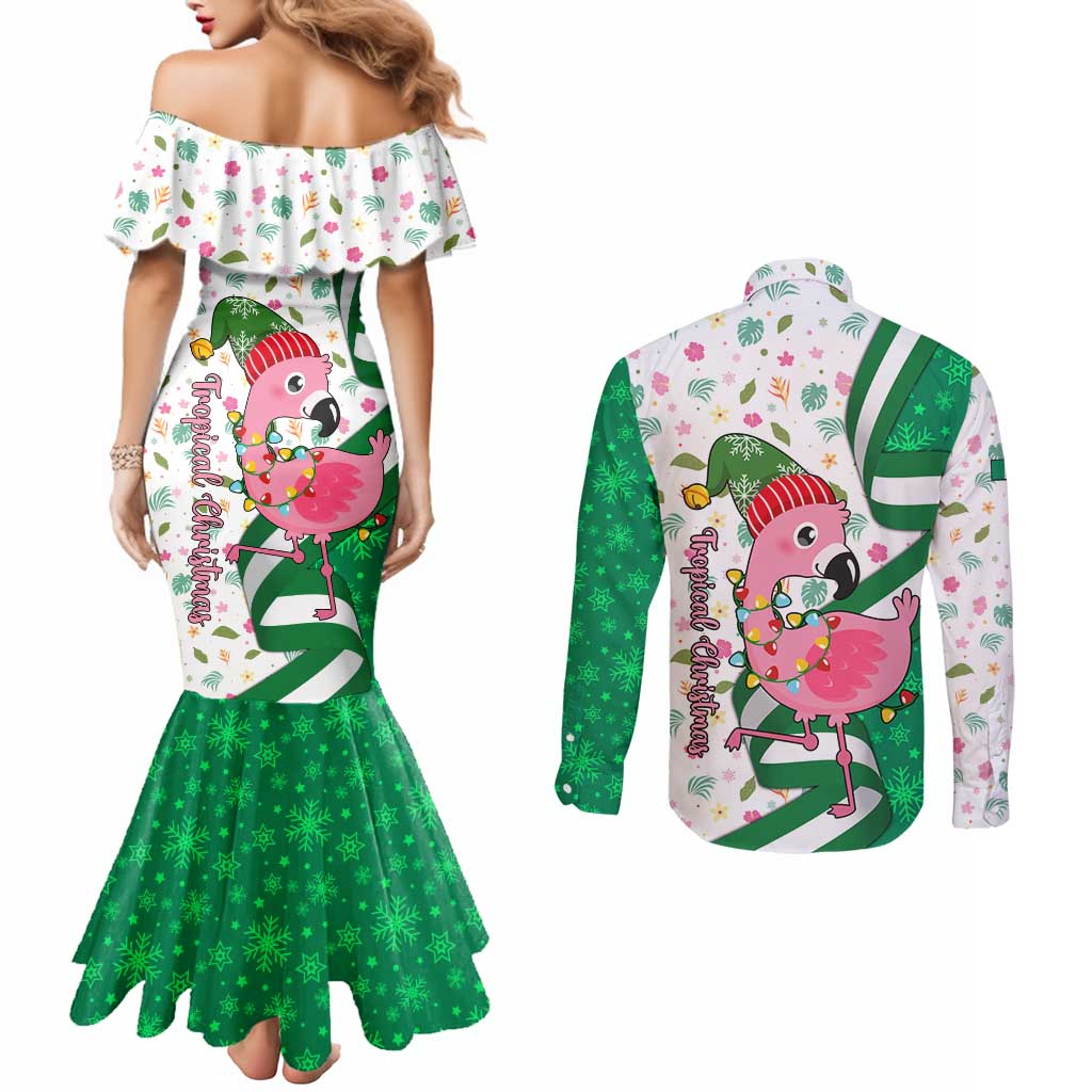 Nigeria Christmas Couples Matching Mermaid Dress and Long Sleeve Button Shirt with Pink Flamingo Tropical Leaves and Festive Lights Design - Wonder Print Shop