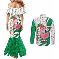 Nigeria Christmas Couples Matching Mermaid Dress and Long Sleeve Button Shirt with Pink Flamingo Tropical Leaves and Festive Lights Design - Wonder Print Shop