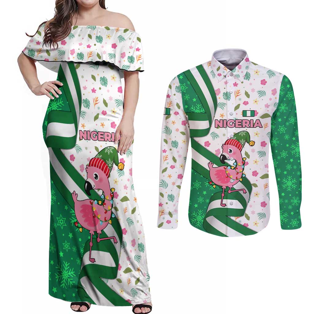 Nigeria Christmas Couples Matching Off Shoulder Maxi Dress and Long Sleeve Button Shirt with Pink Flamingo Tropical Leaves and Festive Lights Design - Wonder Print Shop