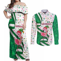 Nigeria Christmas Couples Matching Off Shoulder Maxi Dress and Long Sleeve Button Shirt with Pink Flamingo Tropical Leaves and Festive Lights Design - Wonder Print Shop
