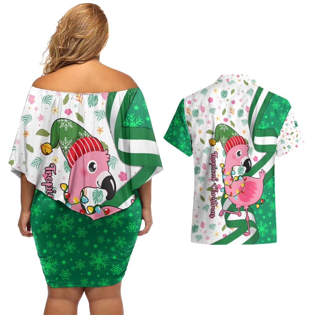 Nigeria Christmas Couples Matching Off Shoulder Short Dress and Hawaiian Shirt with Pink Flamingo Tropical Leaves and Festive Lights Design - Wonder Print Shop