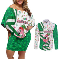 Nigeria Christmas Couples Matching Off Shoulder Short Dress and Long Sleeve Button Shirt with Pink Flamingo Tropical Leaves and Festive Lights Design - Wonder Print Shop
