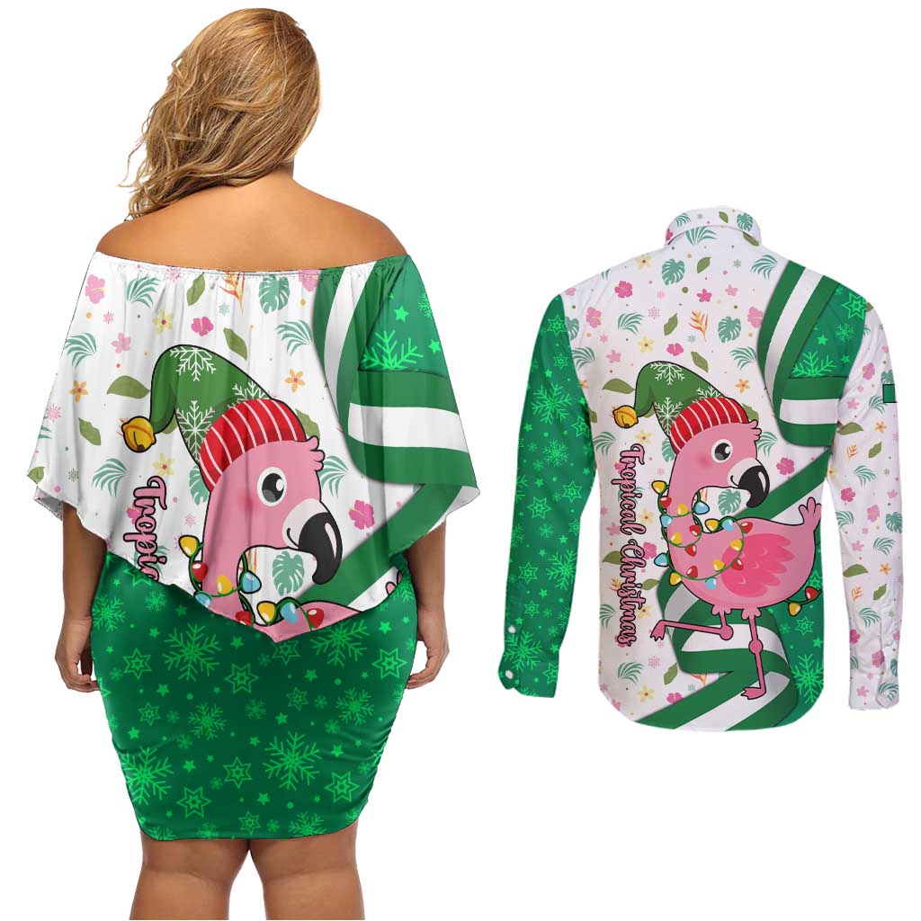 Nigeria Christmas Couples Matching Off Shoulder Short Dress and Long Sleeve Button Shirt with Pink Flamingo Tropical Leaves and Festive Lights Design - Wonder Print Shop