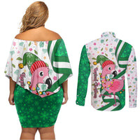 Nigeria Christmas Couples Matching Off Shoulder Short Dress and Long Sleeve Button Shirt with Pink Flamingo Tropical Leaves and Festive Lights Design - Wonder Print Shop