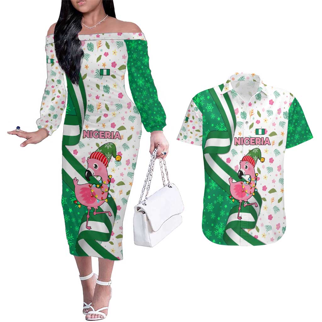 Nigeria Christmas Couples Matching Off The Shoulder Long Sleeve Dress and Hawaiian Shirt with Pink Flamingo Tropical Leaves and Festive Lights Design - Wonder Print Shop