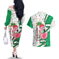 Nigeria Christmas Couples Matching Off The Shoulder Long Sleeve Dress and Hawaiian Shirt with Pink Flamingo Tropical Leaves and Festive Lights Design - Wonder Print Shop