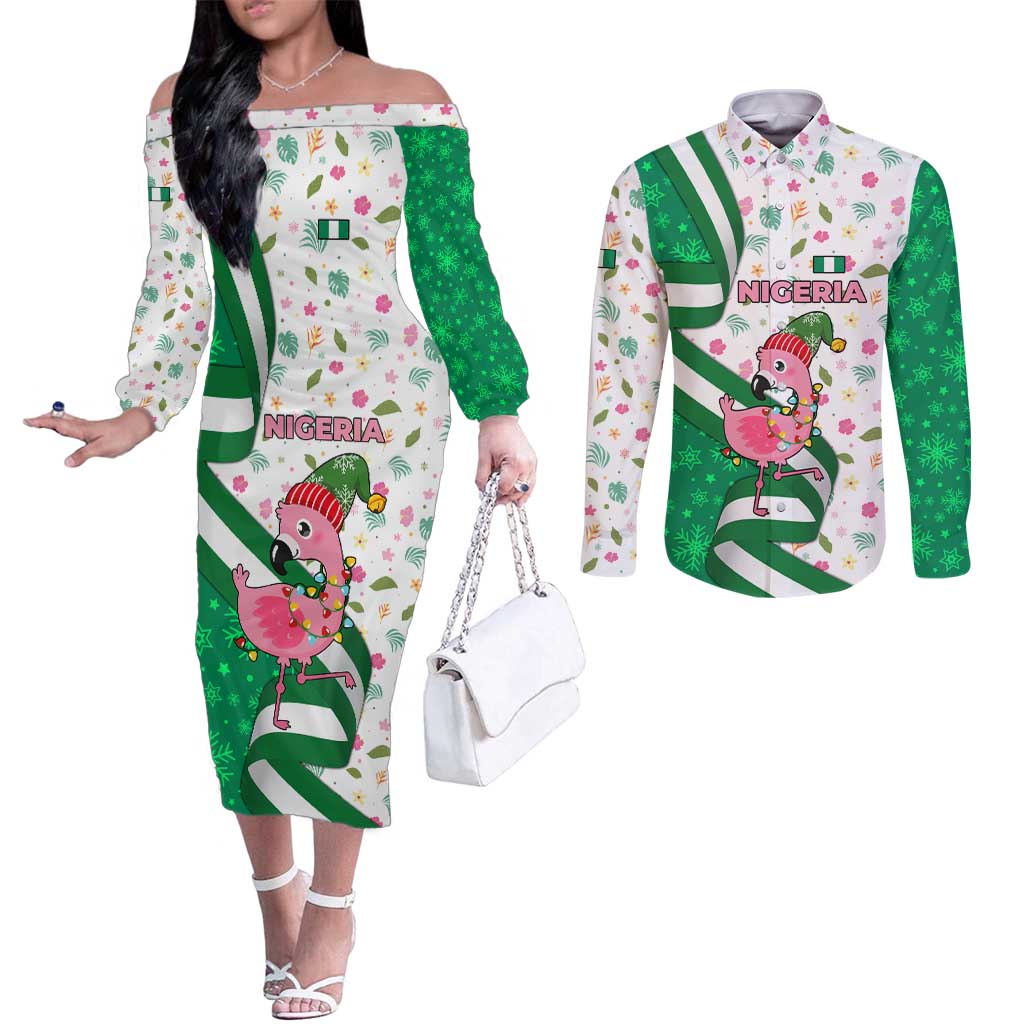 Nigeria Christmas Couples Matching Off The Shoulder Long Sleeve Dress and Long Sleeve Button Shirt with Pink Flamingo Tropical Leaves and Festive Lights Design - Wonder Print Shop
