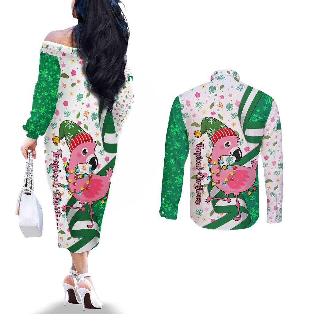 Nigeria Christmas Couples Matching Off The Shoulder Long Sleeve Dress and Long Sleeve Button Shirt with Pink Flamingo Tropical Leaves and Festive Lights Design - Wonder Print Shop