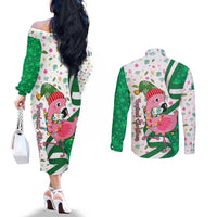 Nigeria Christmas Couples Matching Off The Shoulder Long Sleeve Dress and Long Sleeve Button Shirt with Pink Flamingo Tropical Leaves and Festive Lights Design - Wonder Print Shop