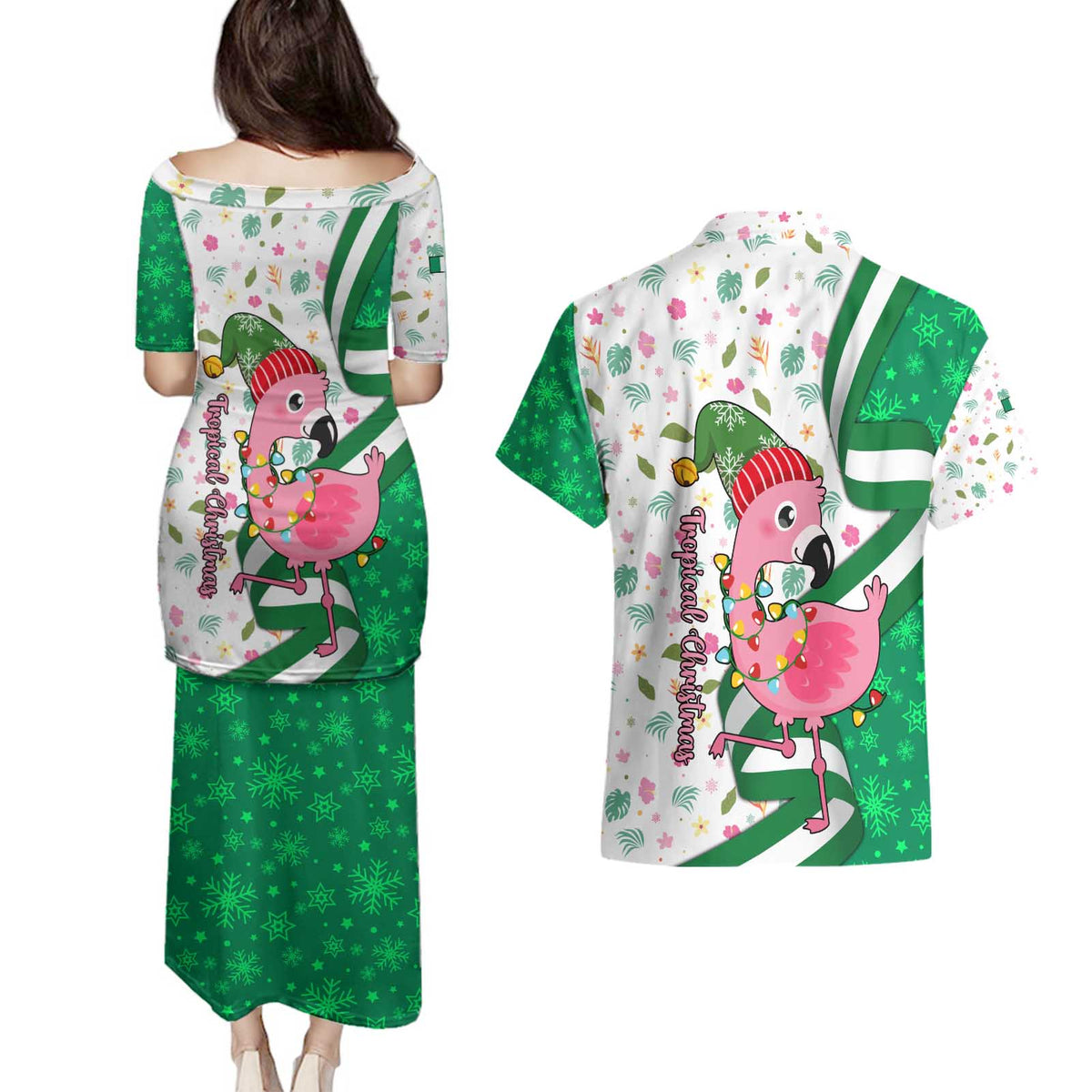 Nigeria Christmas Couples Matching Puletasi and Hawaiian Shirt with Pink Flamingo Tropical Leaves and Festive Lights Design - Wonder Print Shop