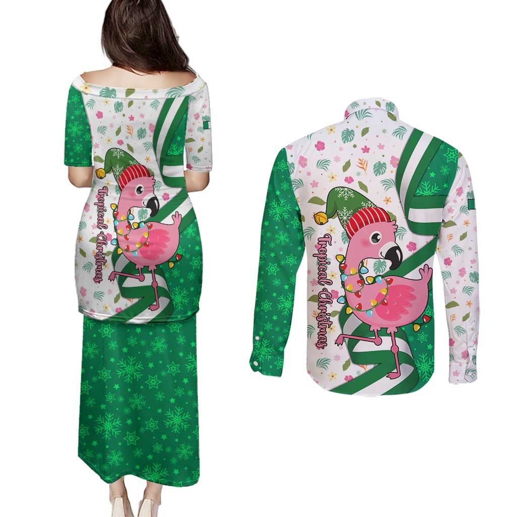 Nigeria Christmas Couples Matching Puletasi and Long Sleeve Button Shirt with Pink Flamingo Tropical Leaves and Festive Lights Design - Wonder Print Shop