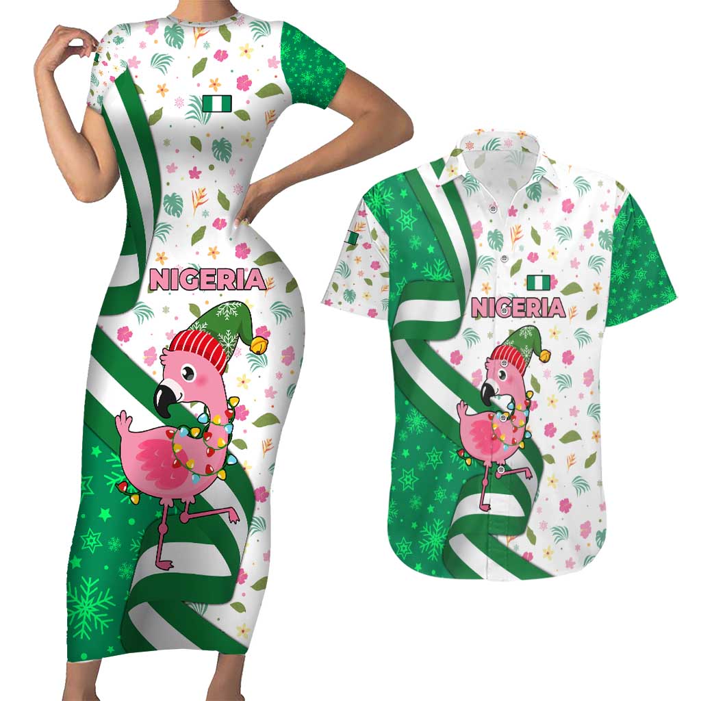 Nigeria Christmas Couples Matching Short Sleeve Bodycon Dress and Hawaiian Shirt with Pink Flamingo Tropical Leaves and Festive Lights Design - Wonder Print Shop