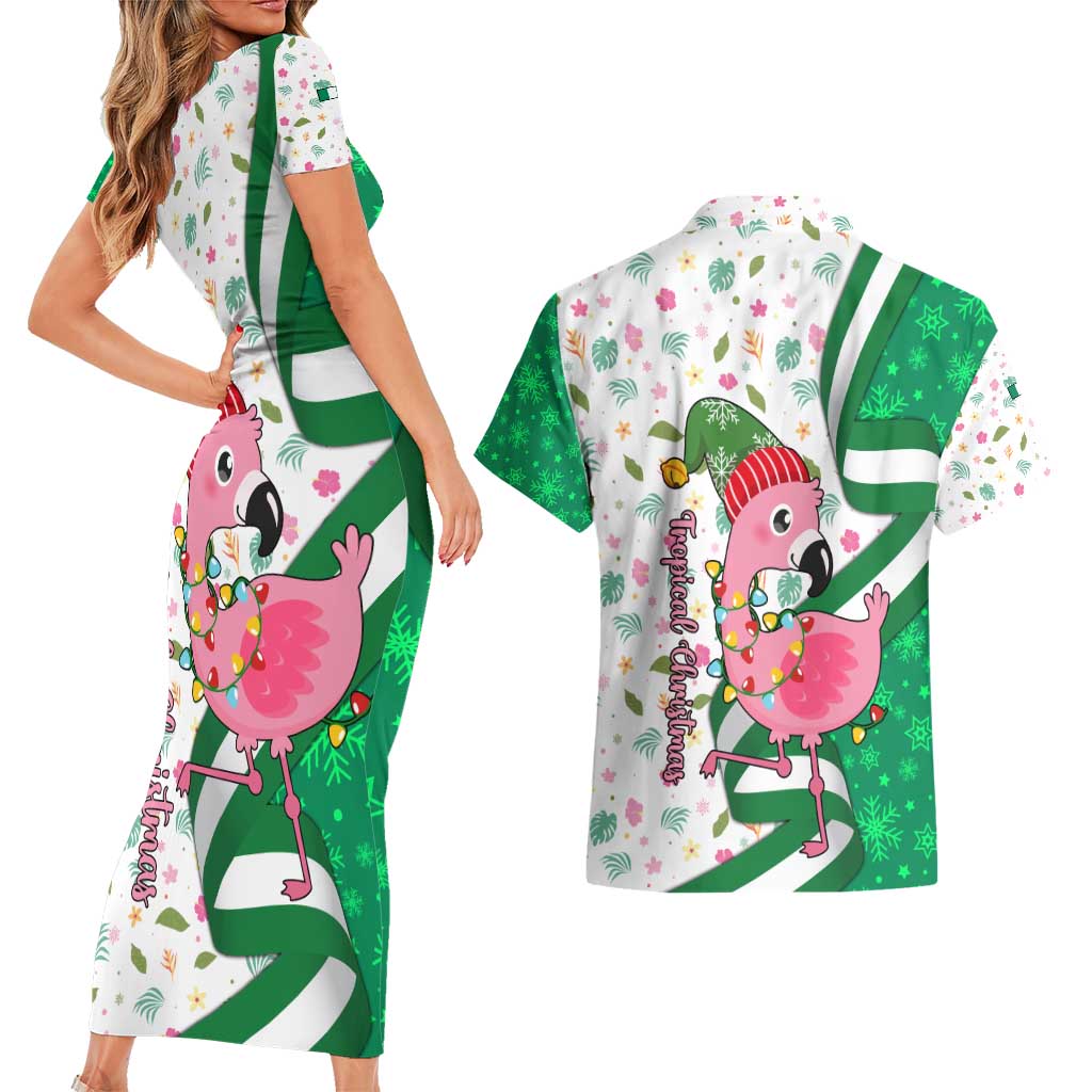 Nigeria Christmas Couples Matching Short Sleeve Bodycon Dress and Hawaiian Shirt with Pink Flamingo Tropical Leaves and Festive Lights Design - Wonder Print Shop