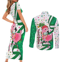 Nigeria Christmas Couples Matching Short Sleeve Bodycon Dress and Long Sleeve Button Shirt with Pink Flamingo Tropical Leaves and Festive Lights Design - Wonder Print Shop