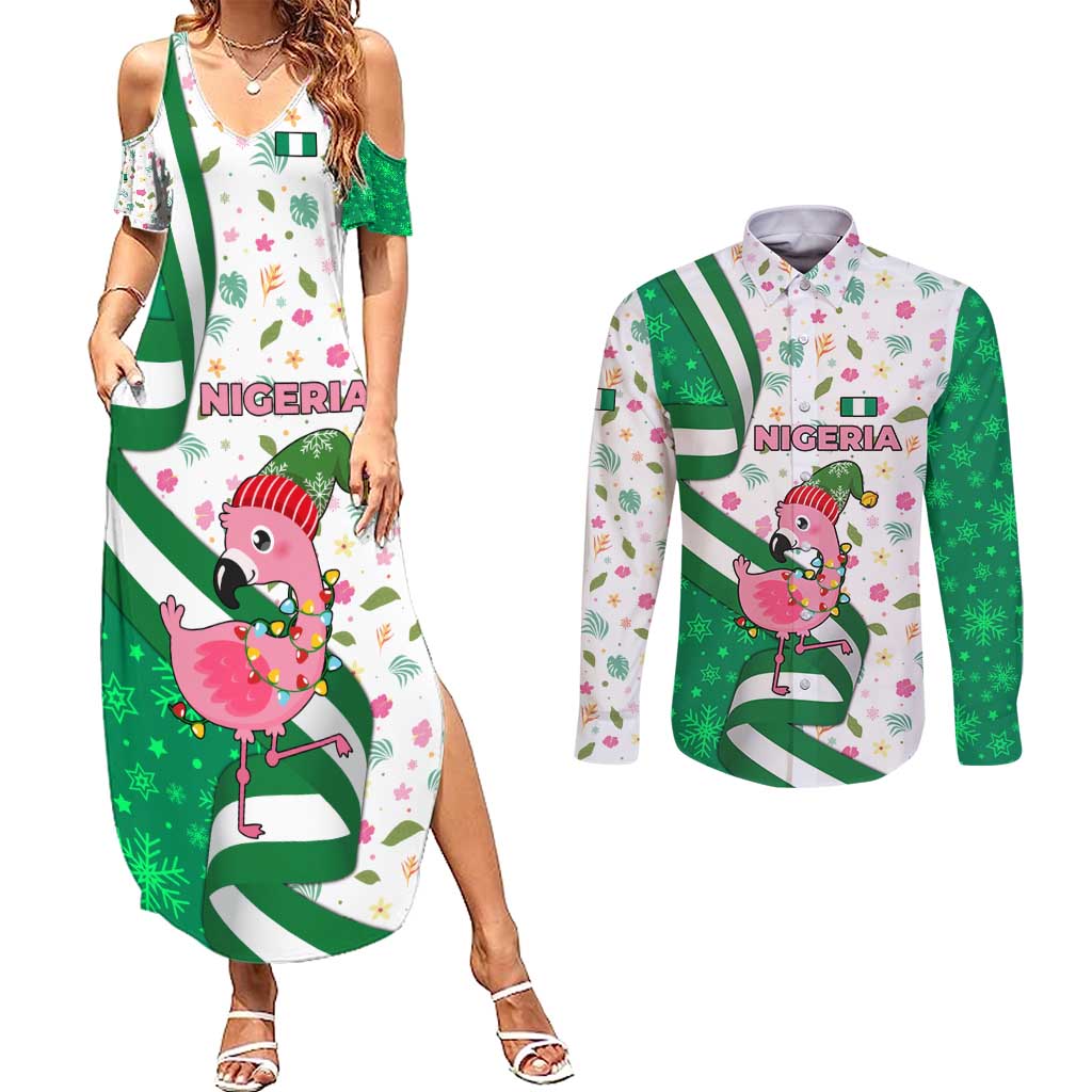 Nigeria Christmas Couples Matching Summer Maxi Dress and Long Sleeve Button Shirt with Pink Flamingo Tropical Leaves and Festive Lights Design - Wonder Print Shop