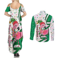 Nigeria Christmas Couples Matching Summer Maxi Dress and Long Sleeve Button Shirt with Pink Flamingo Tropical Leaves and Festive Lights Design - Wonder Print Shop