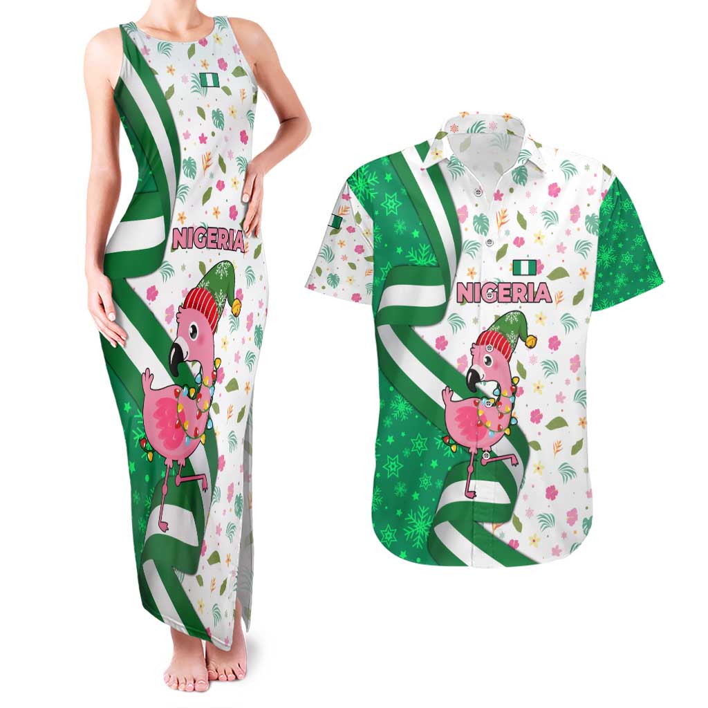 Nigeria Christmas Couples Matching Tank Maxi Dress and Hawaiian Shirt with Pink Flamingo Tropical Leaves and Festive Lights Design - Wonder Print Shop