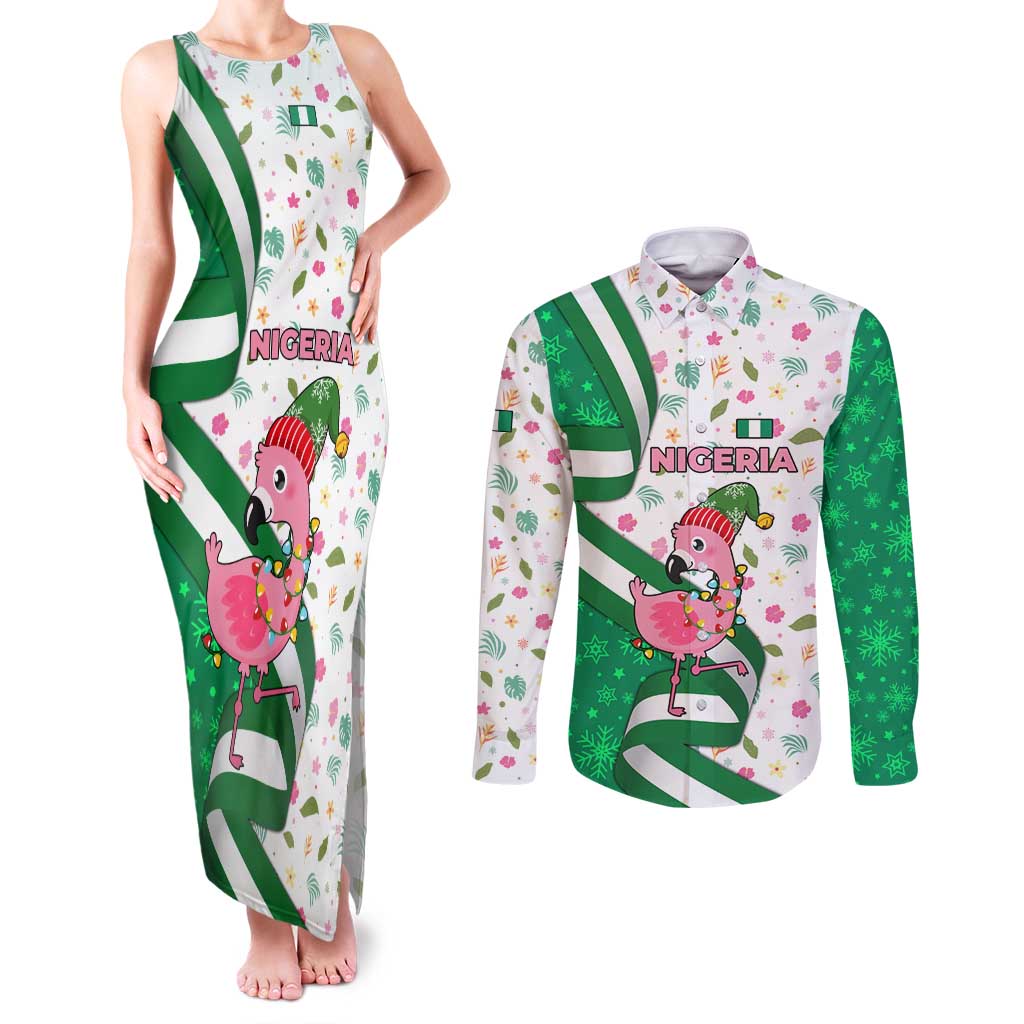 Nigeria Christmas Couples Matching Tank Maxi Dress and Long Sleeve Button Shirt with Pink Flamingo Tropical Leaves and Festive Lights Design - Wonder Print Shop