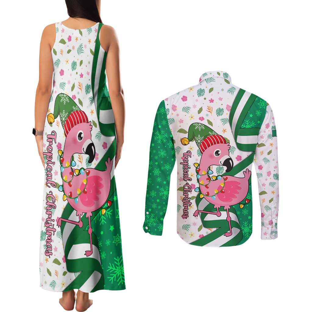 Nigeria Christmas Couples Matching Tank Maxi Dress and Long Sleeve Button Shirt with Pink Flamingo Tropical Leaves and Festive Lights Design - Wonder Print Shop