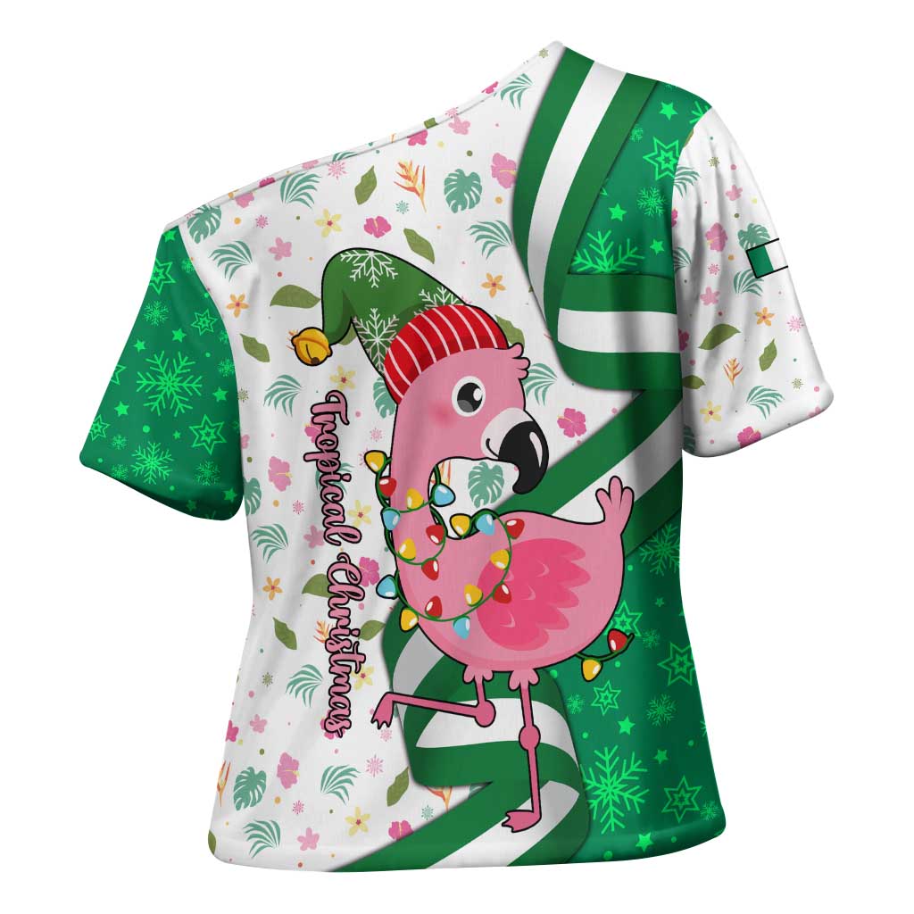 Nigeria Christmas Cross Shoulder Shirt with Pink Flamingo Tropical Leaves and Festive Lights Design - Wonder Print Shop