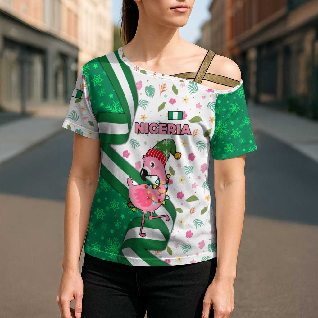 Nigeria Christmas Cross Shoulder Shirt with Pink Flamingo Tropical Leaves and Festive Lights Design - Wonder Print Shop