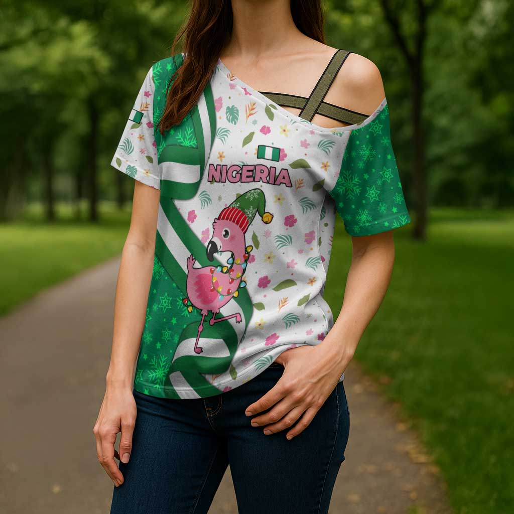 Nigeria Christmas Cross Shoulder Shirt with Pink Flamingo Tropical Leaves and Festive Lights Design - Wonder Print Shop