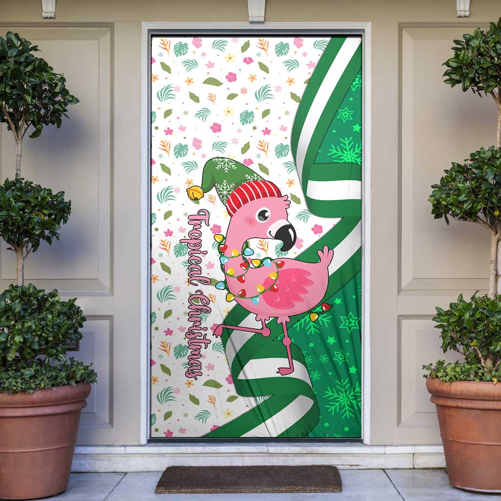 Nigeria Christmas Door Cover with Pink Flamingo Tropical Leaves and Festive Lights Design - Wonder Print Shop