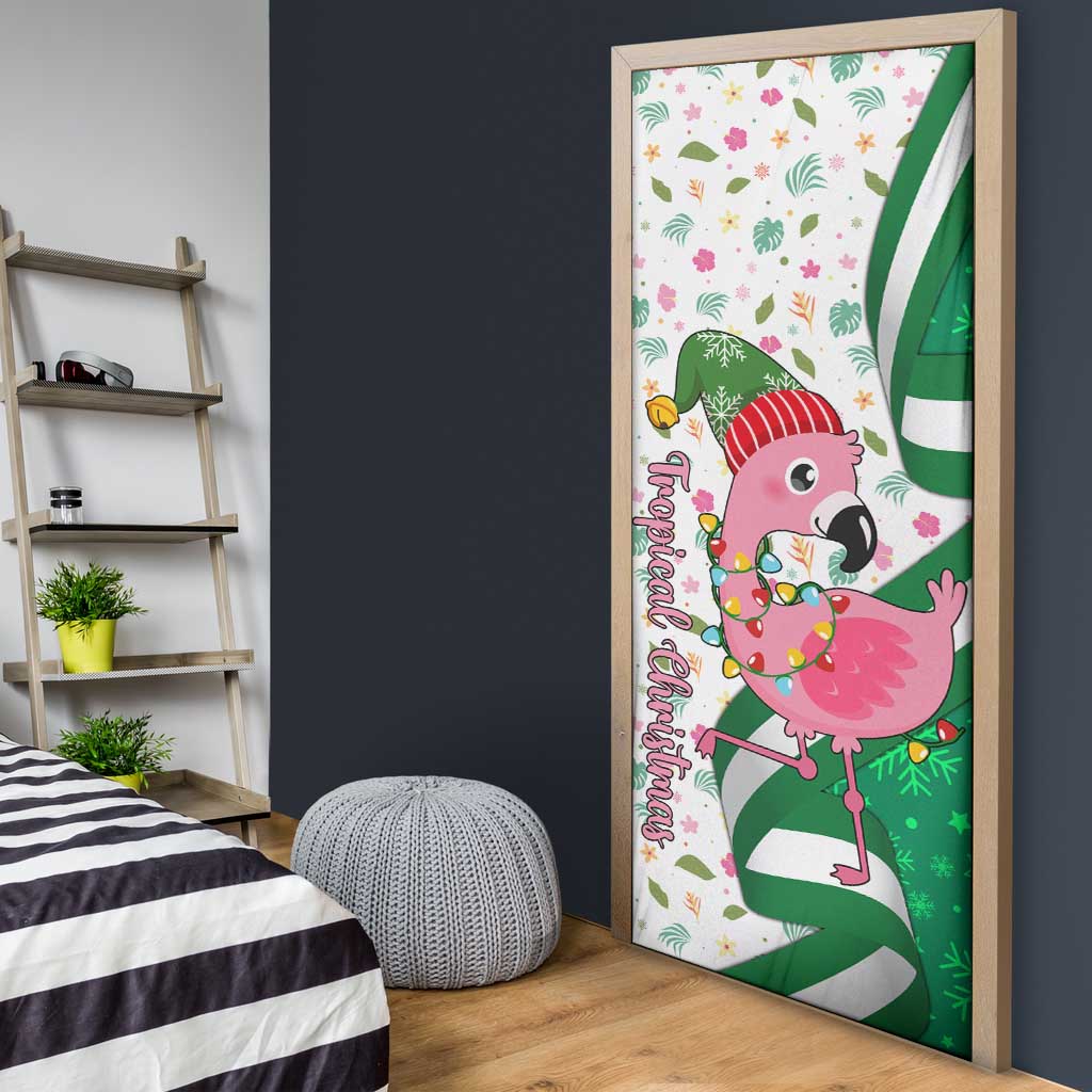 Nigeria Christmas Door Cover with Pink Flamingo Tropical Leaves and Festive Lights Design - Wonder Print Shop